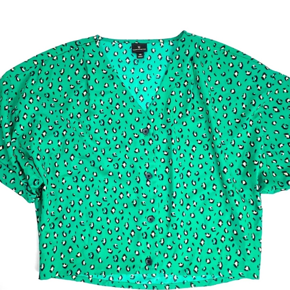 Worthington XS Top Green Black Leopard Print V-Neck Button-Up Short Sleeve Blous